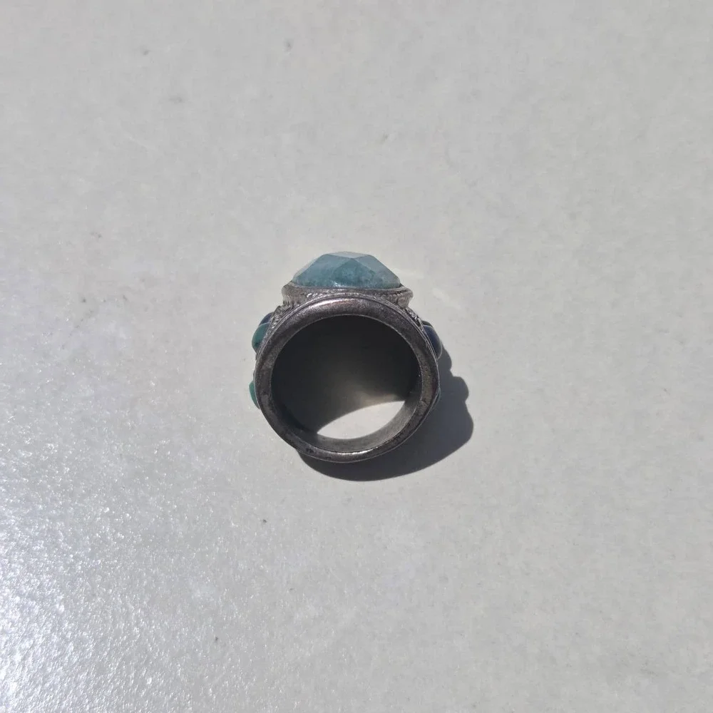 Vintage 925 Sterling Silver Mixed Stone Boho Statement Ring Size 7.25 Blue Green